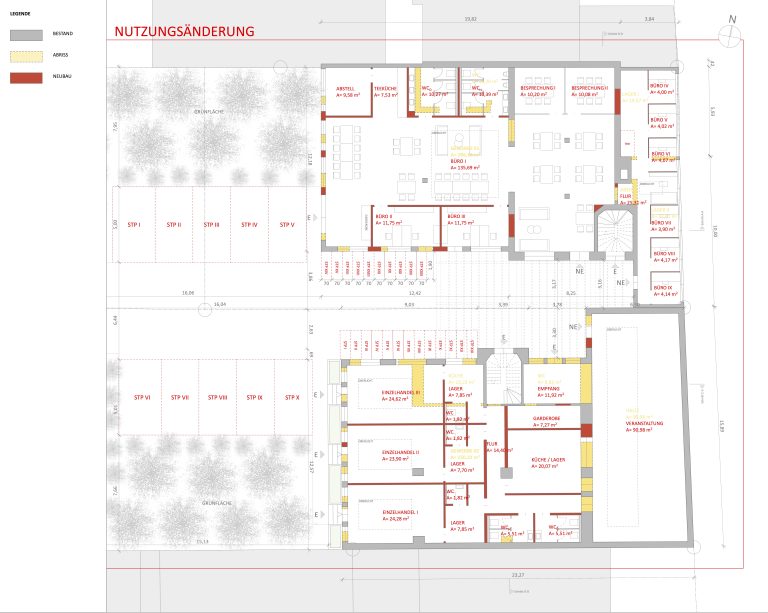 2D planung für die Nutzungsänderung mit Eintragung von Abriss und Neubau